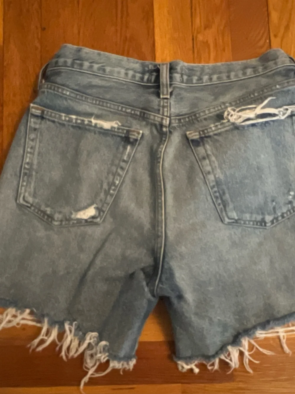 Agolde Distressed Light Blue Parker Long Denim Shorts